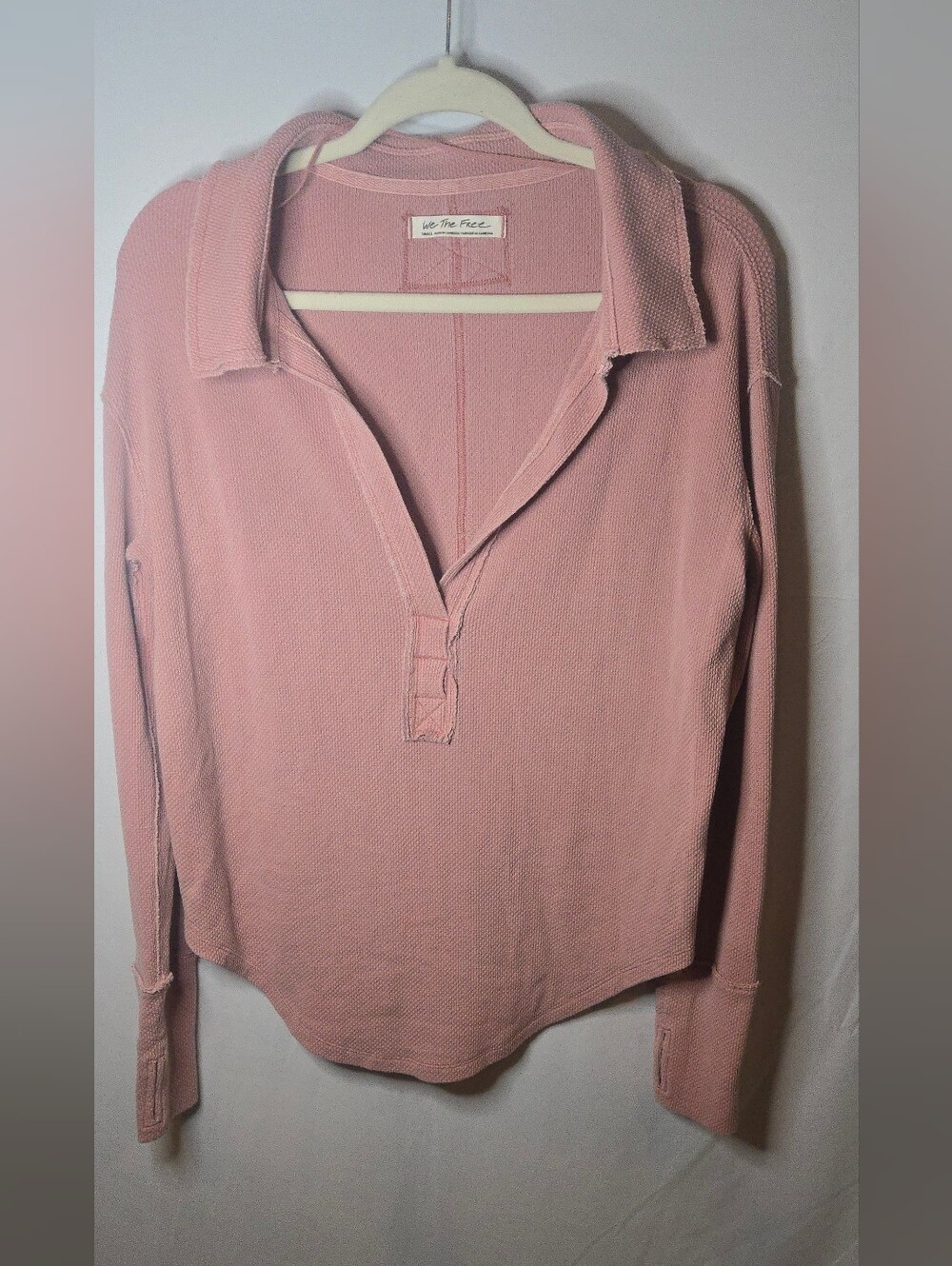 Free People We The Free Dusty Pink Collared Vneck Waffle L/S Top Small